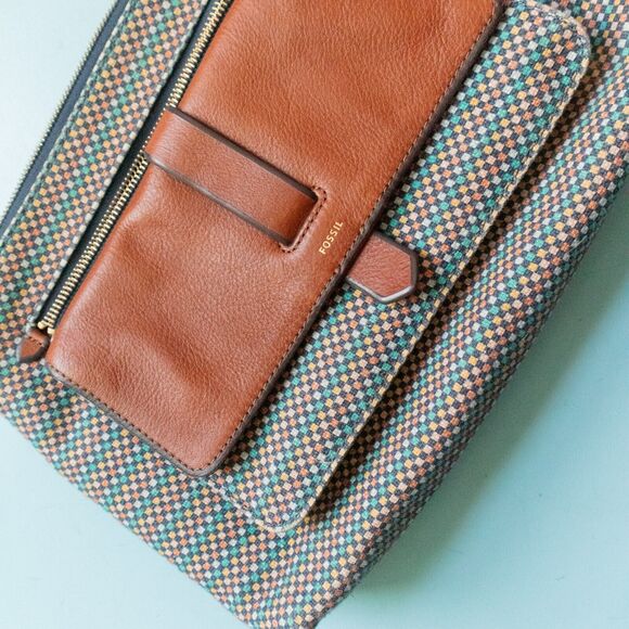 Fossil Kinley Medium Printed Multicolored Woven Knit Leather Crossbody Purse - Picture 2 of 9